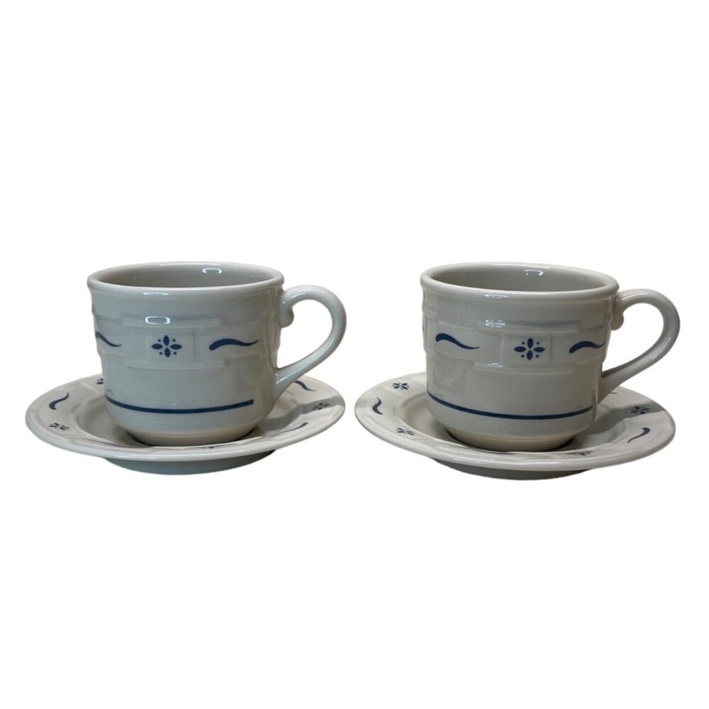 2 Longaberger Classic Blue Woven Traditions Pottery Coffee Cup & Saucer Sets